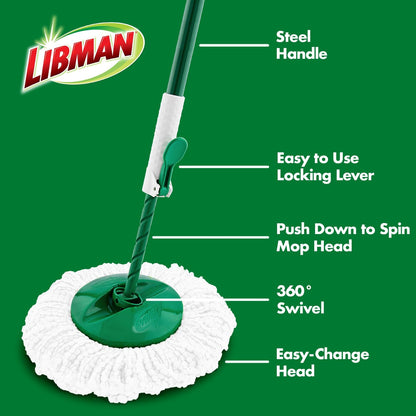 Libman Tornado Spin Mop System and 1 Refill, Mop and Bucket with Wringer Set for Hardwood Floor Cleaning, 2 Total Heads Included