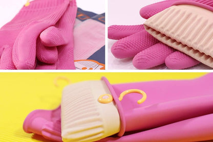Myungjin Reusable Waterproof Household Dishwashing Non-Slip Cleaning Rubber Gloves with Hang-Dry Hook (1 Pair/Medium)