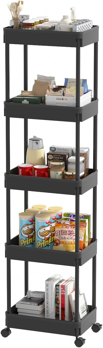 Sooyee 3 Tier Rolling Cart with Wheels, Slim Storage Cart, Under Desk Narrow Rolling Utility Cart Storage Organizer for Office Bathroom Kitchen Laundry Room Narrow Places, White, Plastic and Metal