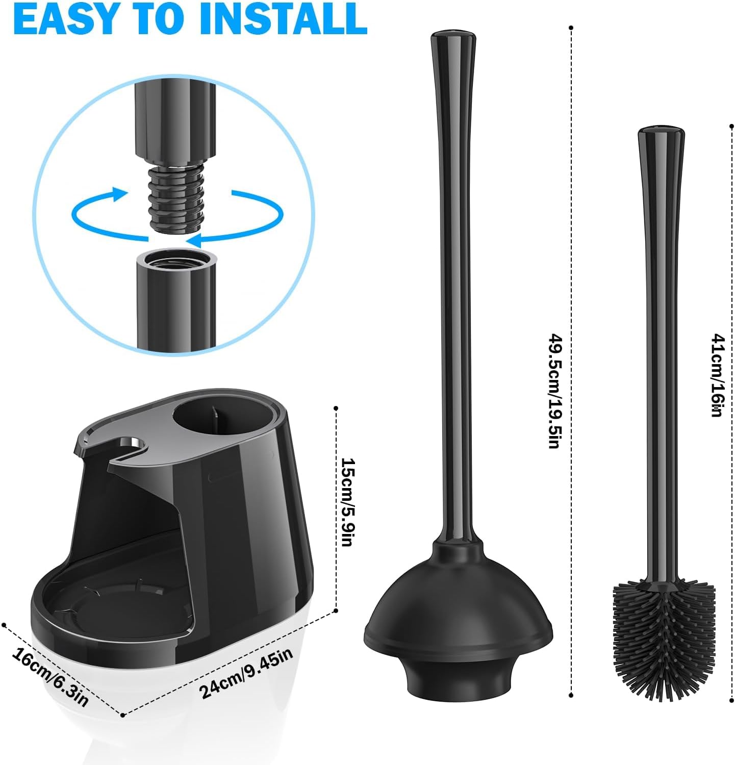 Toilet Plunger and Brush Set, Bowl Brush and Heavy Duty Toilet Plunger with Ventilated Holder, 2-in-1 Toilet Brush and Plunger Combo for 5.3-inch Toilet Drain Bathroom Deeply Cleaning(White & Grey)