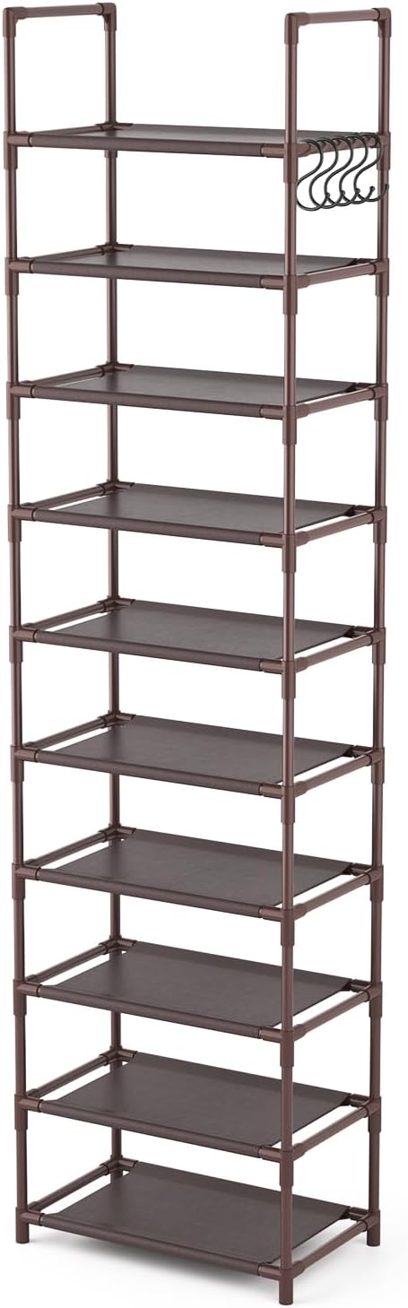 LANTEFUL 10 Tiers Tall Shoe Rack 20-25 Pairs Boots Organizer Storage Sturdy Narrow Shoe Shelf for Entryway, Closets with Hooks, Black