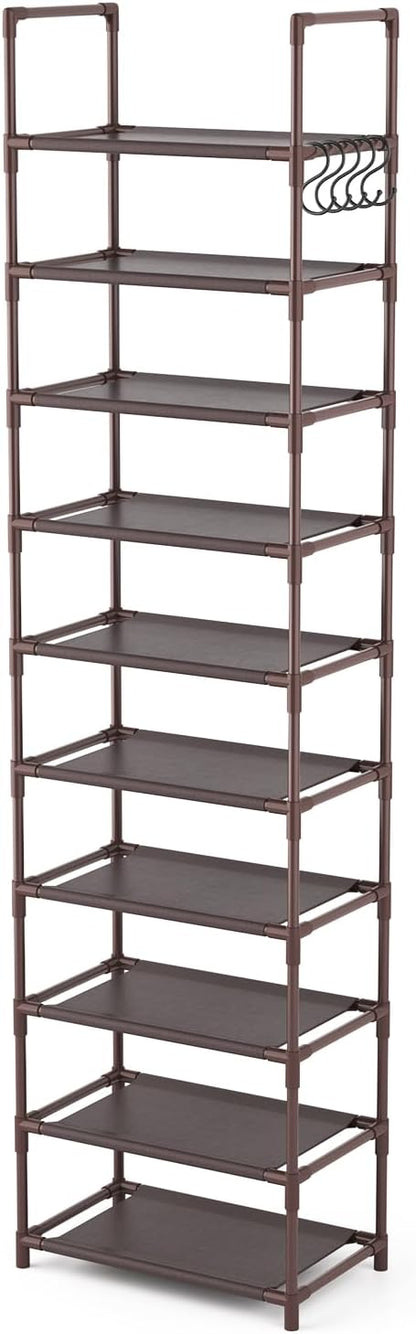 LANTEFUL 10 Tiers Tall Shoe Rack 20-25 Pairs Boots Organizer Storage Sturdy Narrow Shoe Shelf for Entryway, Closets with Hooks, Black