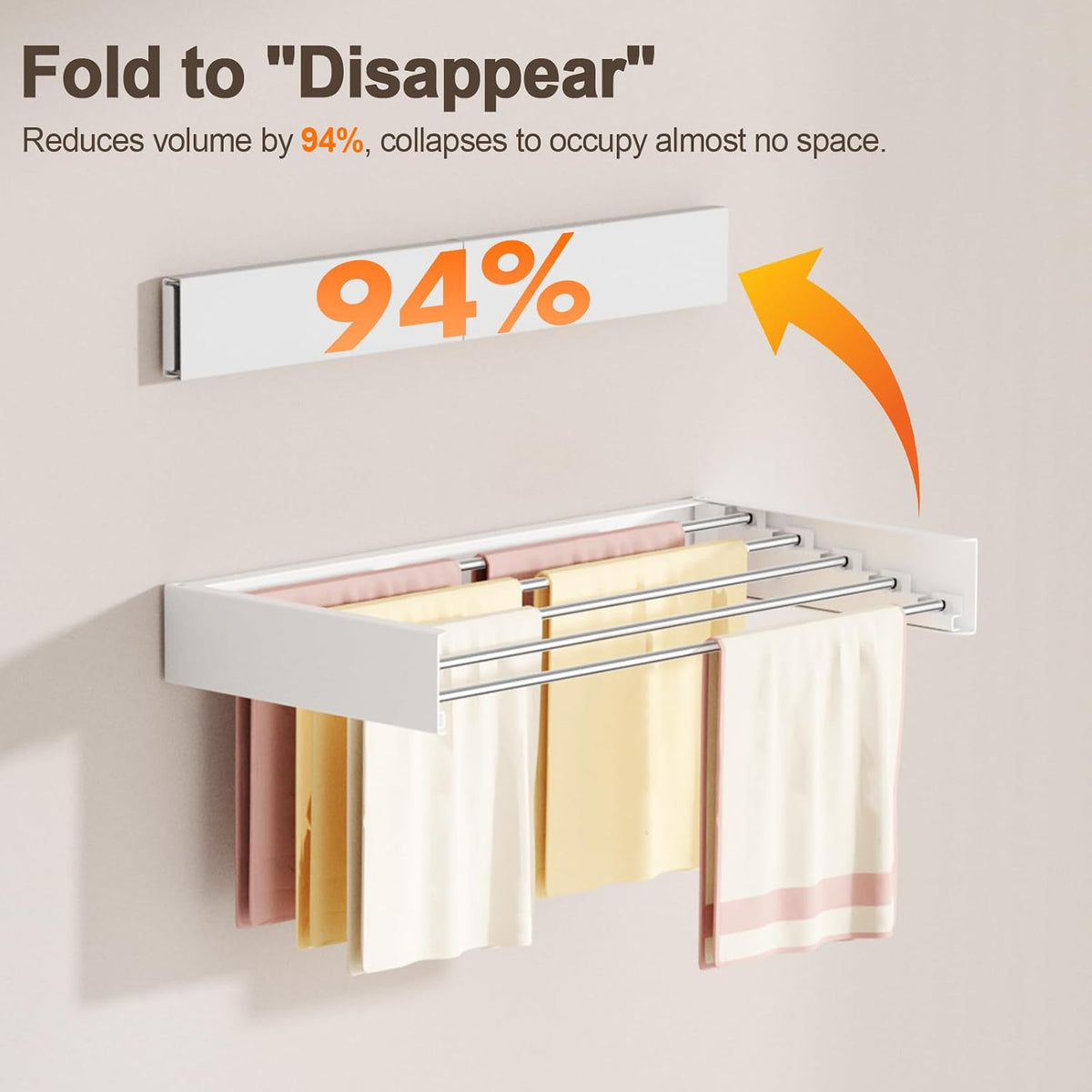 Wall Mounted Clothes Drying Rack Folding Indoor, Foldable Laundry Drying Rack Collapsible,Invisible, Space Saving, Retractable Towel Drying Rack, with Wall Template(5 Drying Rods, White 32")