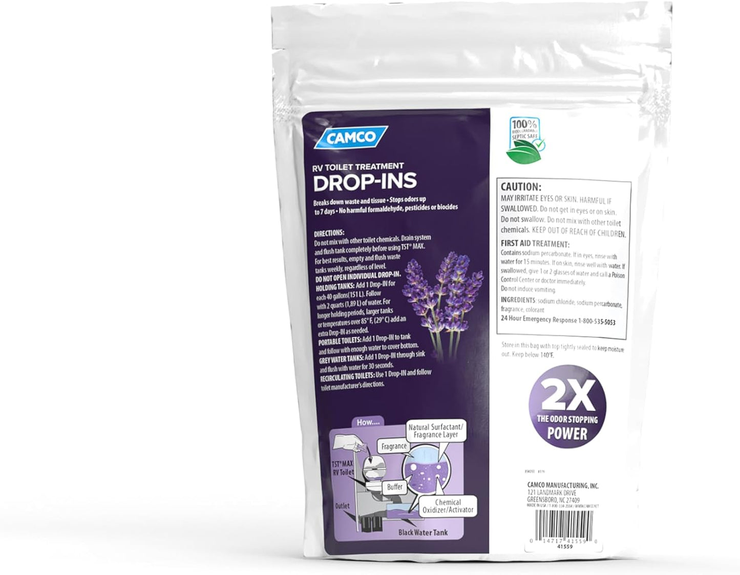 Camco TST MAX RV Toilet Treatment Drop-INs - Control Unwanted Odors and Break Down Waste and Tissue - Septic Tank Safe - Lavender Scent - 30-pack (41553)