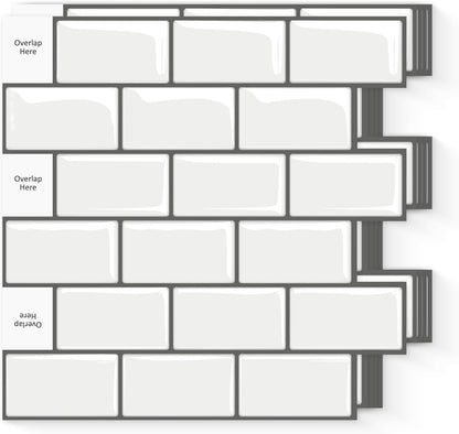 10 Sheets Peel and Stick Backsplash Tiles, Marble Look Wall Tiles for Kitchen and Bathroom, Livingroom, 12"x12", White, Waterproof Vinyl