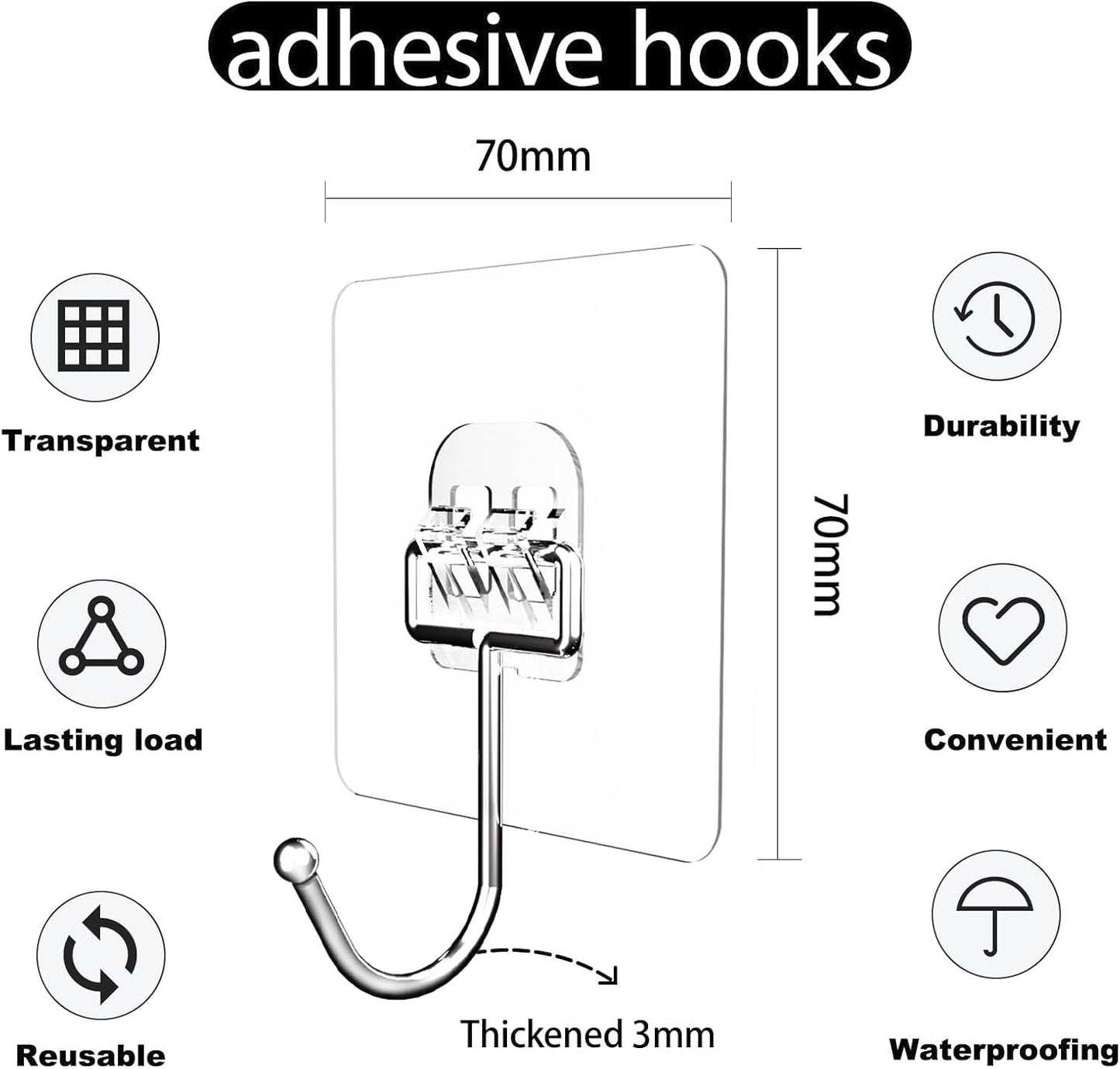 Large Hooks for Hanging Heavy-Duty 44Ib(Max) Self Adhesive-Hooks for Hanging, Traceless Clear and Removable, Waterproof and Rustproof Multiple Uses for Bathroom Kitchen Home 18 Pack