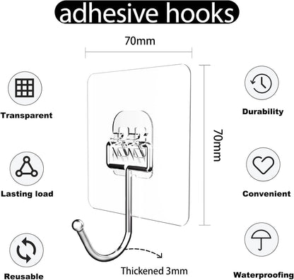 Large Hooks for Hanging Heavy-Duty 44Ib(Max) Self Adhesive-Hooks for Hanging, Traceless Clear and Removable, Waterproof and Rustproof Multiple Uses for Bathroom Kitchen Home 18 Pack