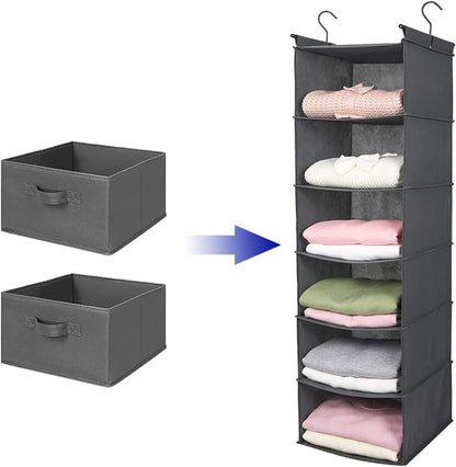 MAX Houser 6 Tier Shelf Hanging Closet Organizer, Closet Hanging Shelf with 2 Sturdy Hooks for Storage, Foldable (Grey)