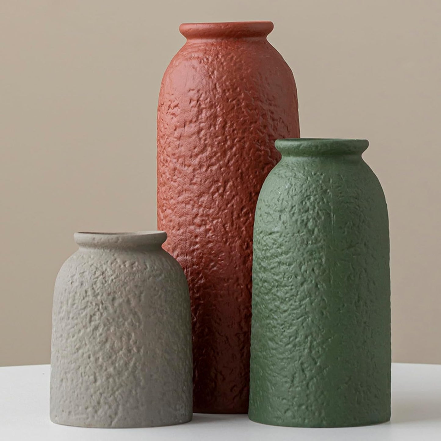 Ceramic Vase Set-3, Small Flower Vases for Decor, Modern Boho Farmhouse Style, Decorative Vases for Pampas Grass & Dried Flowers, Distressed Finish (Beige)
