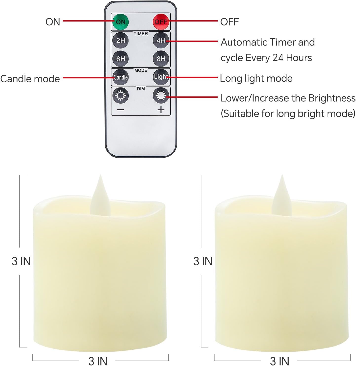 3x3 Flameless Candles with Remote Set of 2, 3 inch Battery Candles Flickering with Timer, LED Pillar Candle for Indoor/Outdoor, White