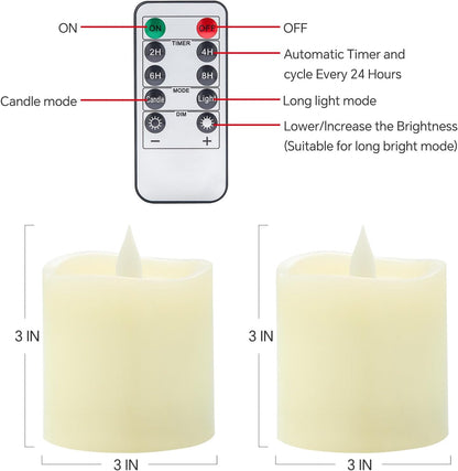 3x3 Flameless Candles with Remote Set of 2, 3 inch Battery Candles Flickering with Timer, LED Pillar Candle for Indoor/Outdoor, White