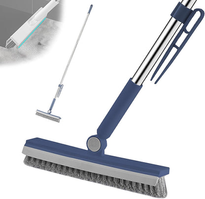 Floor Scrubbing Brush with 57" Adjustable Long Handle,3 in 1 Living Grout Brush with Squeegee,V-Shape Stiff Brush Bristle,Heavy Duty Bathroom Cleaning Brush for Tile,Deck,Patio,Wall,Garage,Kitchen,Blu