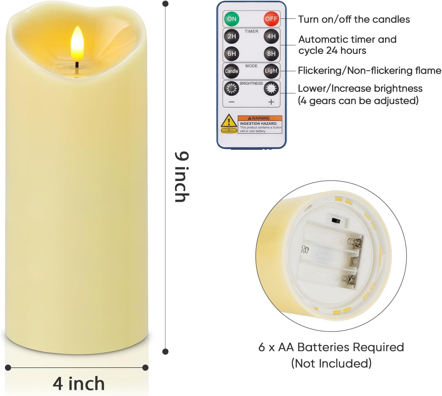 Amagic IP65 Waterproof Outdoor Flameless Candles with Remote, LED Candles Battery Operated with Timer, Flickering Fake Pillar Candle for Outside Patio Yard Decor, Ivory, Set of 5, D3 X H4 5" 6" 8" 8"
