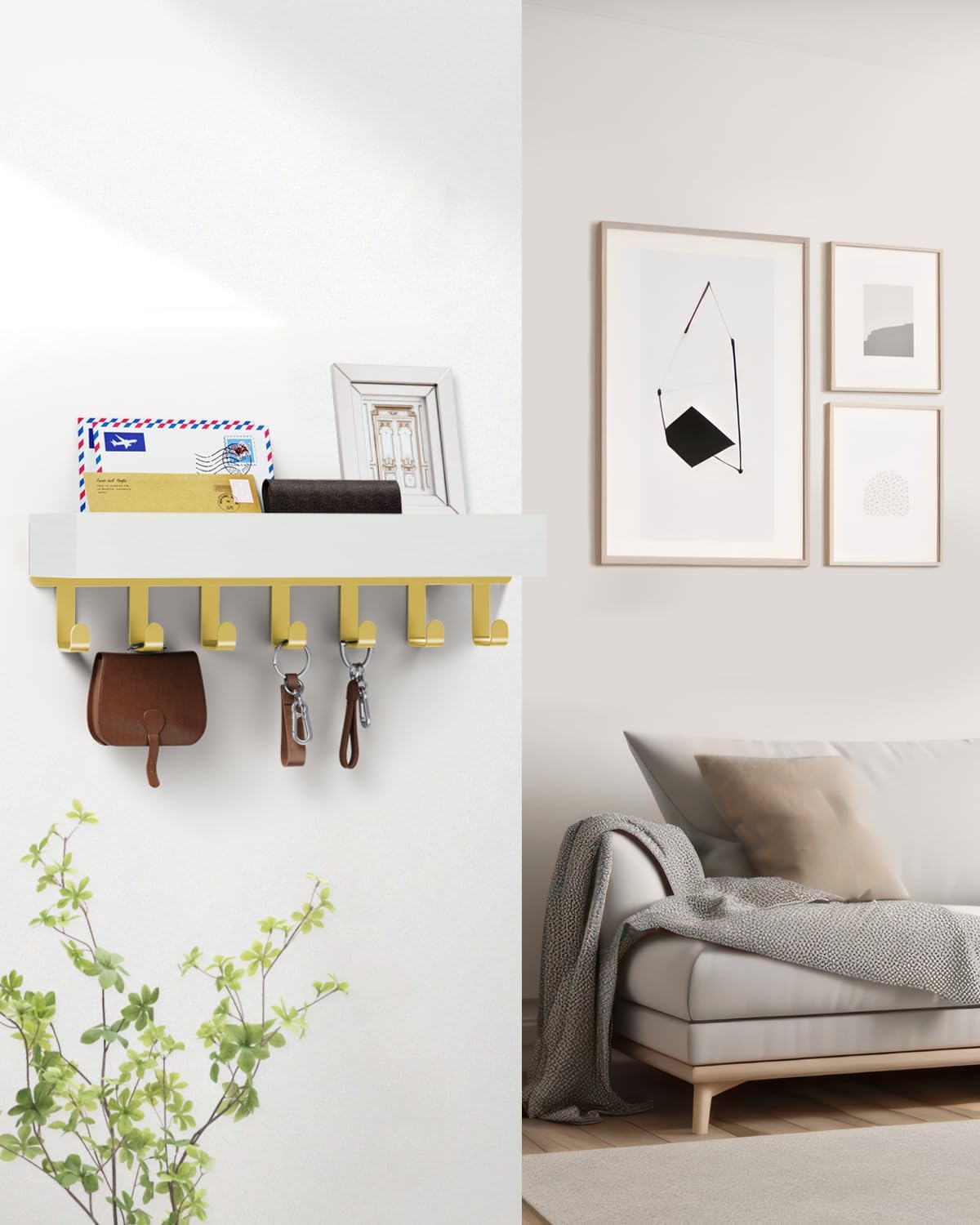 Key Holder Wall Mount Adhesive Magnetic - Hanging Key Hooks with Mail Organizer for Wallet House Accessories - Keys Hanger Rack with Shelf for RV Camper Entryway Door Home Living Room Decor Black