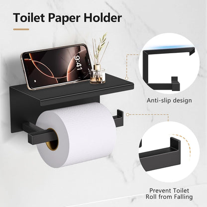 TQKAG Brushed Gold Bathroom Hardware Accessories Set 10 Pieces, 23.6" SUS304 Stainless Steel Towel Bar Set Wall Mounted Includes Single Towel Bar, Towel Ring, Toilet Paper Holder, Double Towel Hooks