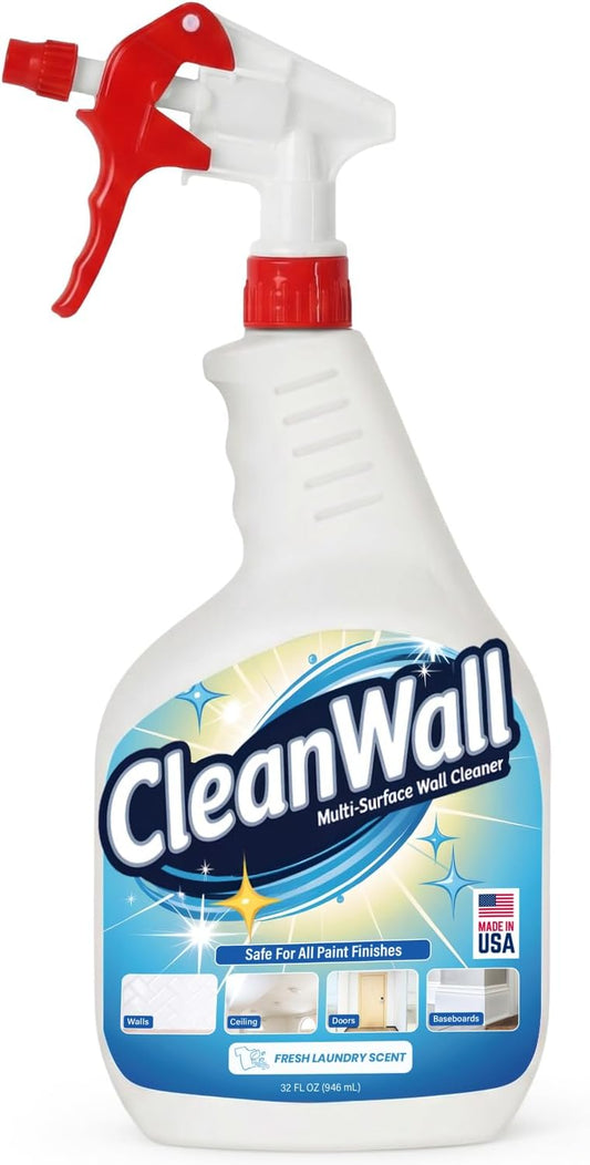 CleanWall Wall, Door & Baseboard Cleaner Spray – 32 oz Multi-Surface Formula Safe for Painted Walls – Made in USA – Family-Friendly – Tackles Everyday Kid Messes like Handprints, Smudges & Crayon