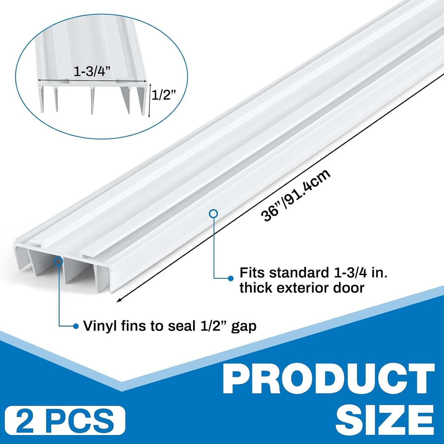 Pangda 2 Pcs Under Door Seal Door Bottom Seal 36" Long 1 3/4" Wide Kerf Strip Weather Stripping Sweep Draft Stopper Channel Replacement with Fins Vinyl Draft Blocker for Exterior Interior Home(White)