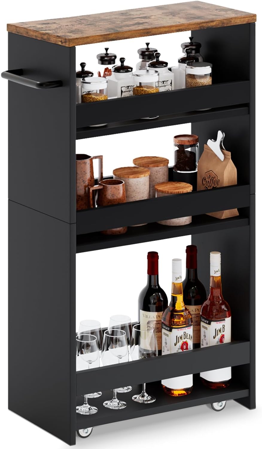 MARTY Slim Rolling Storage Cart 4-Tier Kitchen Cart with Wheels, Laundry Room Storage with Handle Slide Out Utility Cart Shelving Unit Organizer Trolley for Narrow Places Bathroom Small Corner, Black