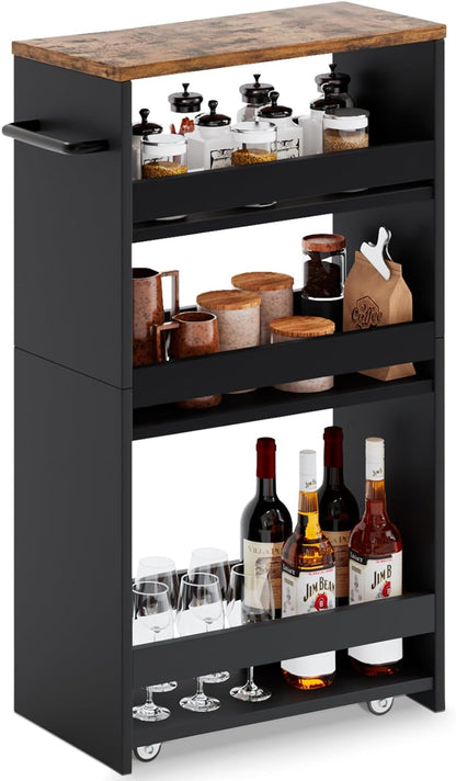 MARTY Slim Rolling Storage Cart 4-Tier Kitchen Cart with Wheels, Laundry Room Storage with Handle Slide Out Utility Cart Shelving Unit Organizer Trolley for Narrow Places Bathroom Small Corner, Black