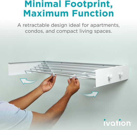 Ivation Retractable Wall Mounted Clothes Drying Rack, 40" Foldable Laundry Drying Rack for Clothing | Collapsible Space-Saving Design & 5 Rods | Easy Installation with Hardware & Wall Template (White)