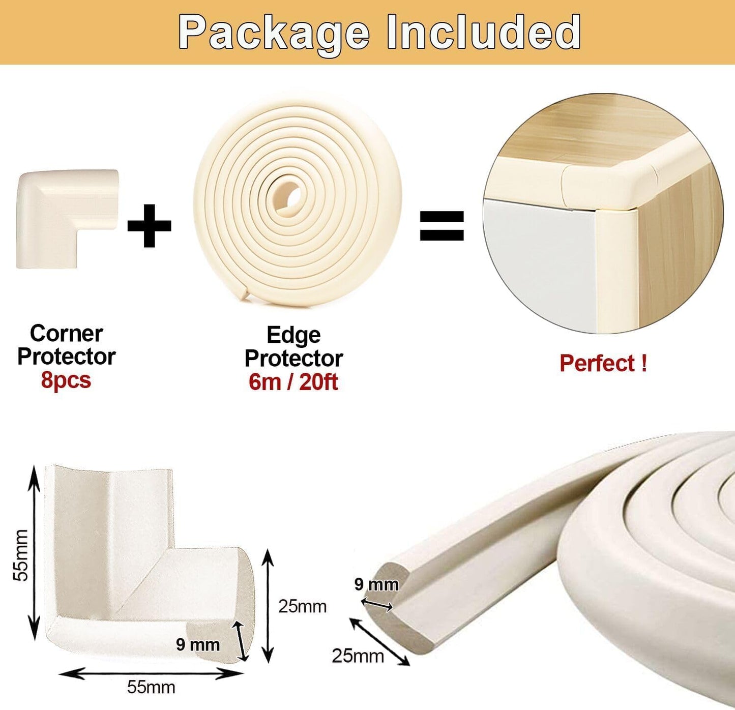 Baby Proof Corners and Edges Protector 10ft Edge+4 Corner Guard, Fireplace Baby Proofing Bumper, Heavy-Duty Soft NBR Foam Edge Corner Protector for Furniture Table, Childsafe/Pre-Taped White