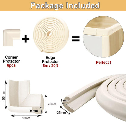 Baby Proof Corners and Edges Protector 10ft Edge+4 Corner Guard, Fireplace Baby Proofing Bumper, Heavy-Duty Soft NBR Foam Edge Corner Protector for Furniture Table, Childsafe/Pre-Taped White