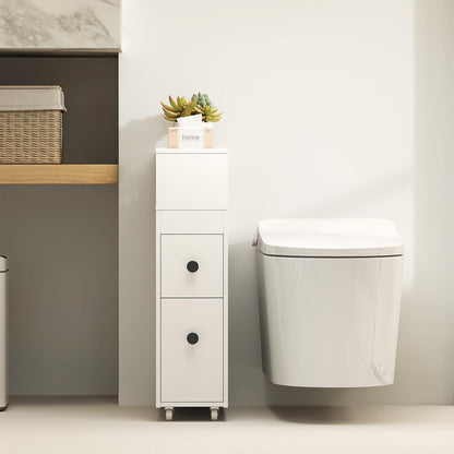 Tangkula Slim Bathroom Storage Cabinet, Movable Narrow Toilet Side Cabinet w/2 Slide Out Drawers, 2 Rattan Baskets & Shelves, Toilet Paper Holder on Wheels for Small Spaces
