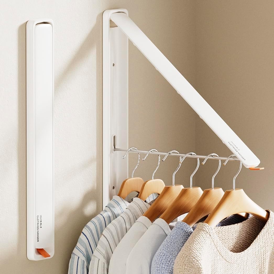 Clothes Drying Rack, Laundry Room Wall Mounted Retractable Clothes Hanger Drying Rack, Laundry Clothing Drying Rack Folding Indoor or Outdoor, Easy Installation Aluminium Dryer, 1pcs(White)