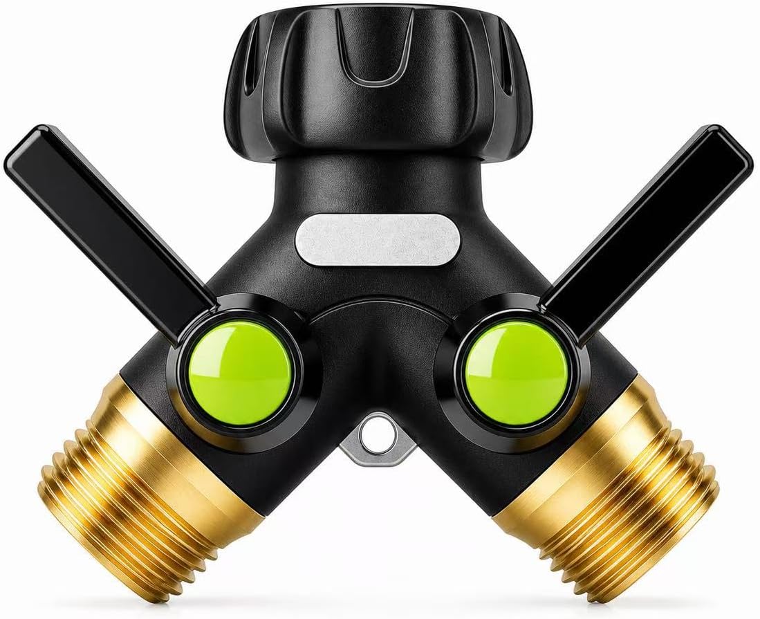 Garden Hose Splitter 2 Way Heavy Duty with Shut Off Valves,3/4" GHT | Large Ball Valve Design Helps Reduce Water Pressure Loss During Dual Outlet Use, TPR-Coated Grip Surface