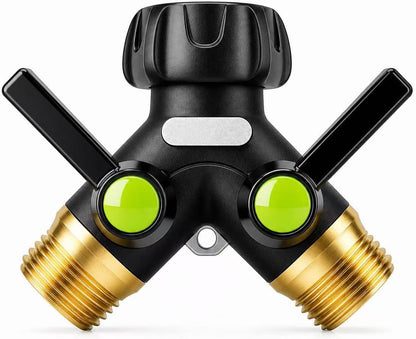 Garden Hose Splitter 2 Way Heavy Duty with Shut Off Valves,3/4" GHT | Large Ball Valve Design Helps Reduce Water Pressure Loss During Dual Outlet Use, TPR-Coated Grip Surface