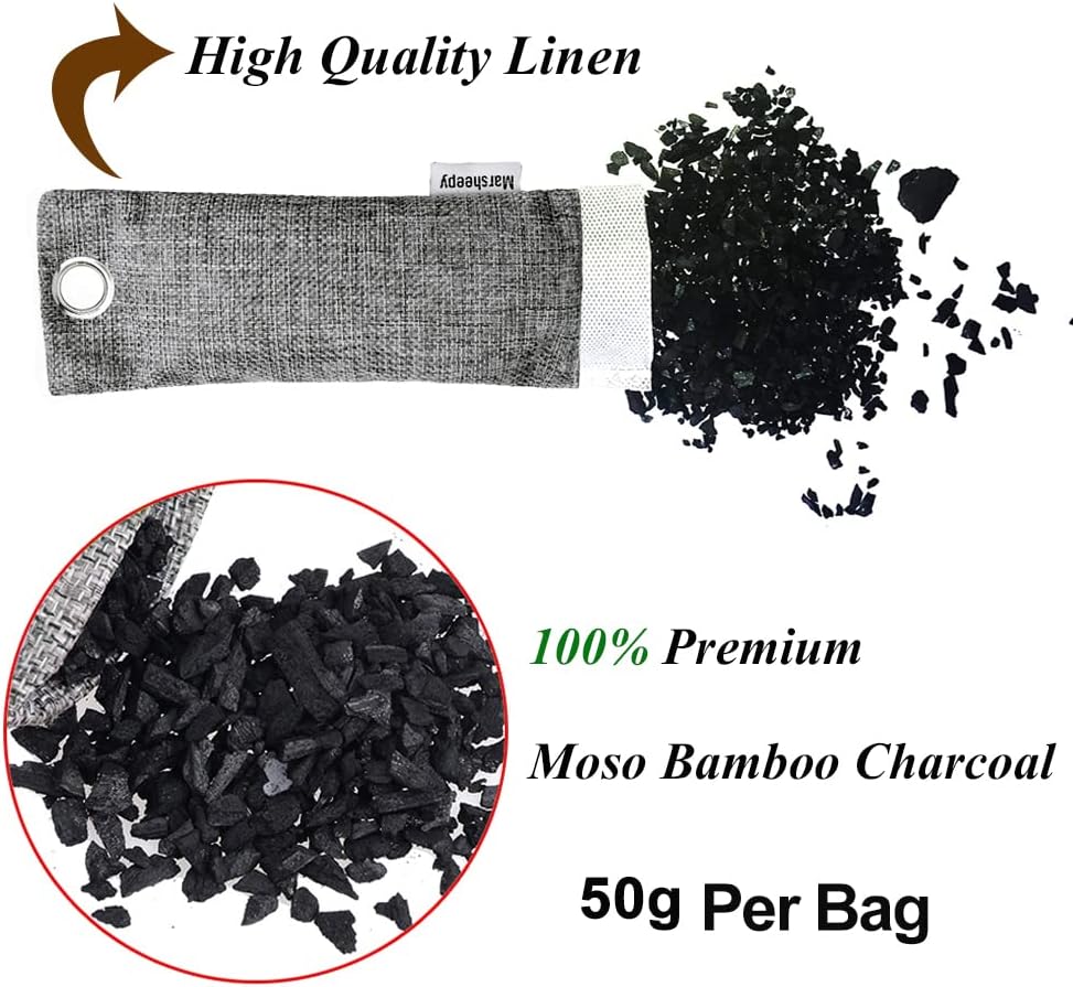 Marsheepy 12 Pack Bamboo Charcoal Shoe Deodorizer Bags, Activated Charcoal Odor Absorber, Bamboo Charcoal Air Purifying Bags, Odor Eliminator for Shoes, Pets, Car, Closet (150g X 2 and 50g x 10)