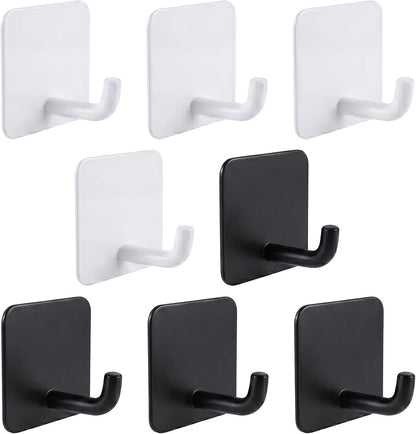Stainless Steel Adhesive Wall Hooks for Hanging, Heavy Duty Waterproof Stick On for Bathroom Kitchen Shower, Self Adhesive for Towels, Keys, Hats, Robes - 8 Pack (White and Black)