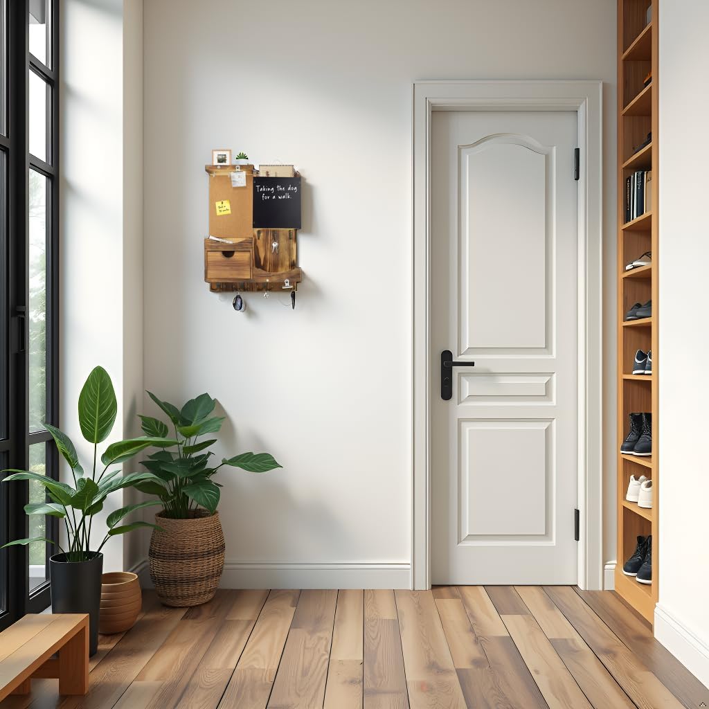 Key Holder for Wall Mount with Shelf and Mail Organizer, Key and Mail Holder with 16 Hooks, Farmhouse Entryway Organizer, Home Decor Rack (Pine Wood, Black)