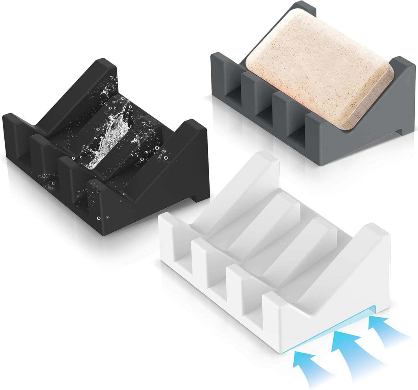 Silicone Soap Dish Set,3PCS Self Draining Soap Holder for Bar Soap | Self draining silicone soap dish with drainage,waterfall design keeps bar soap dry,extended soap holder for shower,bathroom
