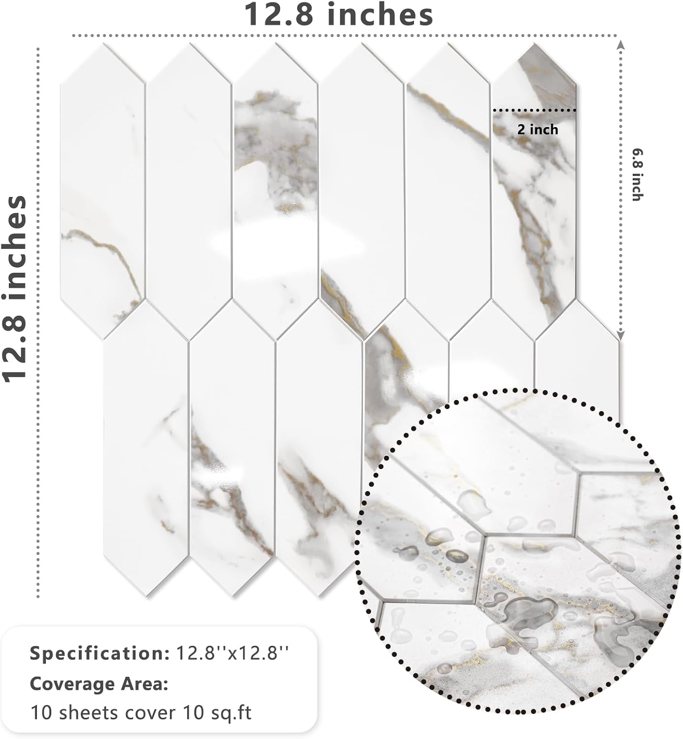 Vamos Tile Glossy Dolomite White Backsplash Tile Peel and Stick, 12.8 x 12.8 Inch 10 Sheets Long Hexagon PVC Self Adhesive Mosaic Wall Tiles Stick on Backsplash for Kitchen and Bathroom
