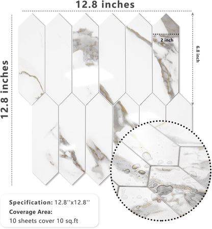 Vamos Tile Glossy Dolomite White Backsplash Tile Peel and Stick, 12.8 x 12.8 Inch 10 Sheets Long Hexagon PVC Self Adhesive Mosaic Wall Tiles Stick on Backsplash for Kitchen and Bathroom