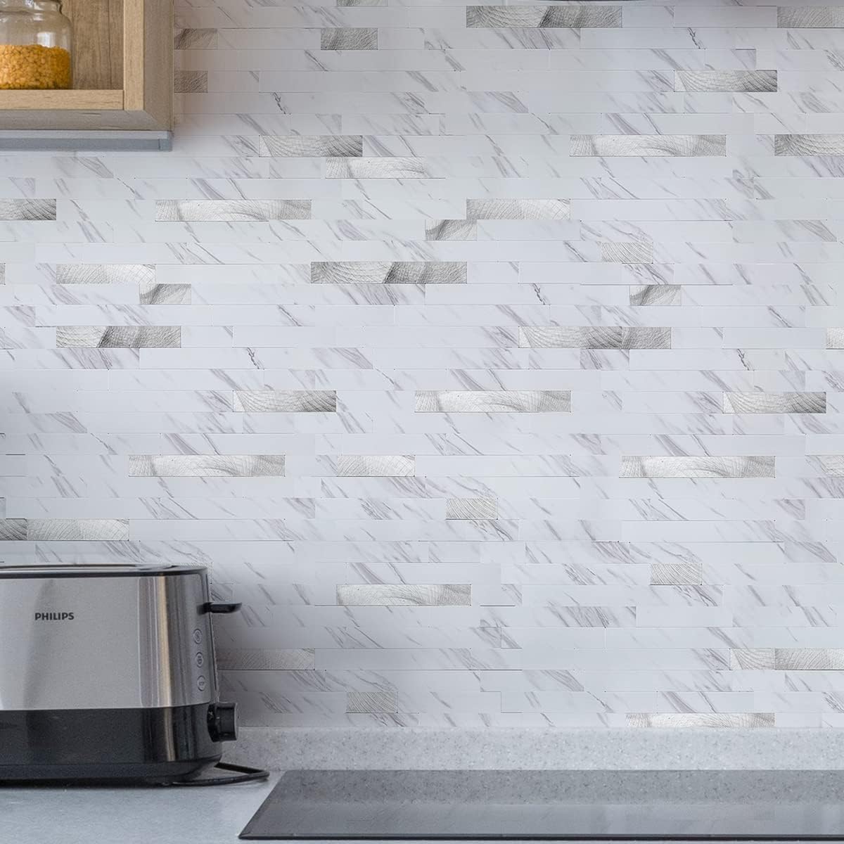 Art3d 10-Sheet Peel and Stick Backsplash Tile for Kitchen Bathroom Fireplace Laundry Room in White Slate with Gold Studded