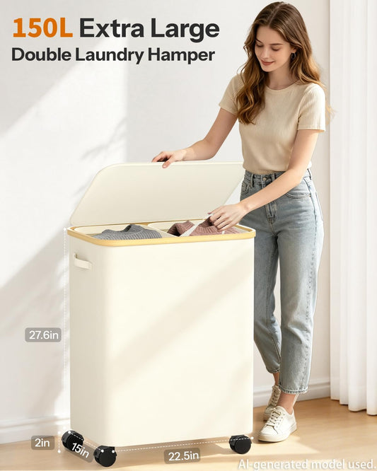 Double Laundry Hamper with Lid and Wheels, 150L Large Laundry Basket with 2 Sections & Removable Liner Bags, Rolling Dirty Clothes Basket with Handles for Bedroom, Bathroom, Dorm, College