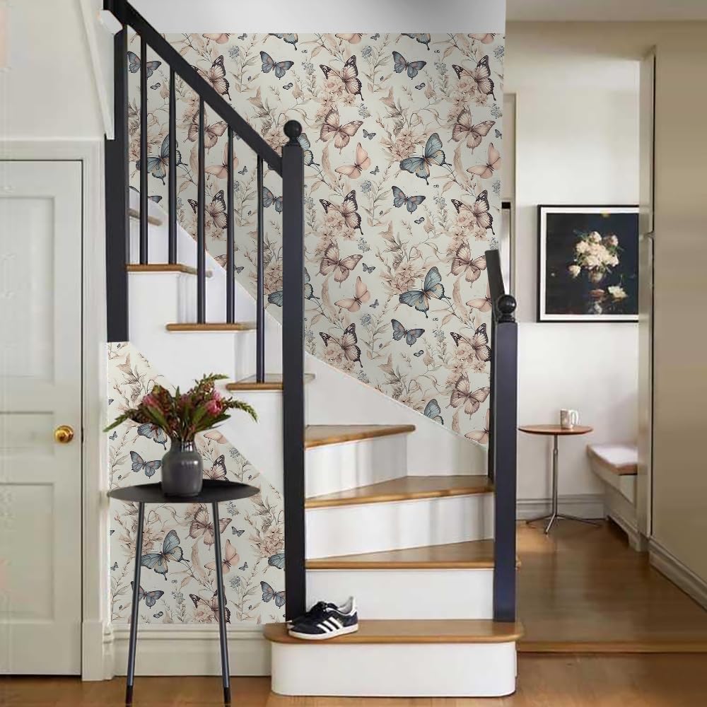 MuralPeel White/Pink/Gold Floral Garden Black Blue Flowers Vintage Peel and Stick Wallpaper Self Adhesive Removable Easy Peel Off Contact Paper Stick on Wall Paper for Bedroom Cabinet Renter Friendly
