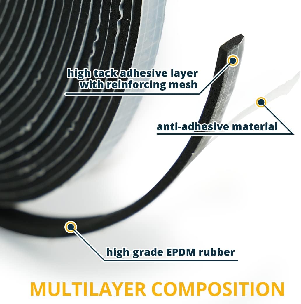 Alenor EPDM Black Foam Insulation Tape Self Adhesive 1/8"x1" x 50' Ft –Pack of 1- Weather Stripping for Doors & Windows,Soundproofing,Door Seal,Weatherstrip,Pipe Cooling,Air Conditioning Seal Strip