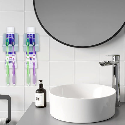 2 PCS Self-Adhesive Toothbrush Holders Wall Mounted, Water Proof Toothbrush Hook, 3 in 1 with Toothbrush Hanger Toothpaste Holder and Gargle Cup Holder for Bathroom Shower (White)