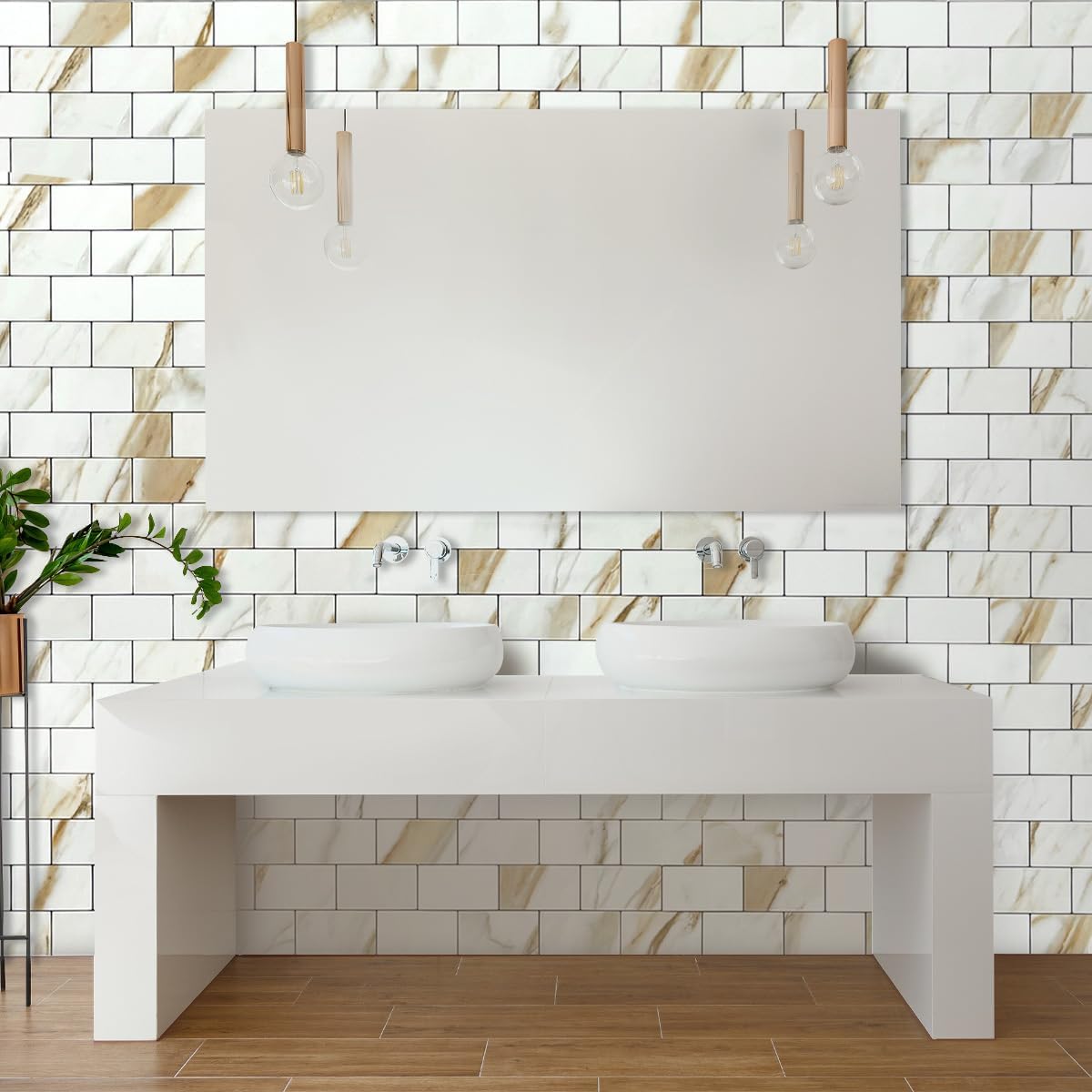 DICOFUN 10-Sheet Polished White Thick PVC Peel and Stick Backsplash, Ceramic Look Subway Tile White Kitchen Backsplash Peel and Stick Wall Tiles