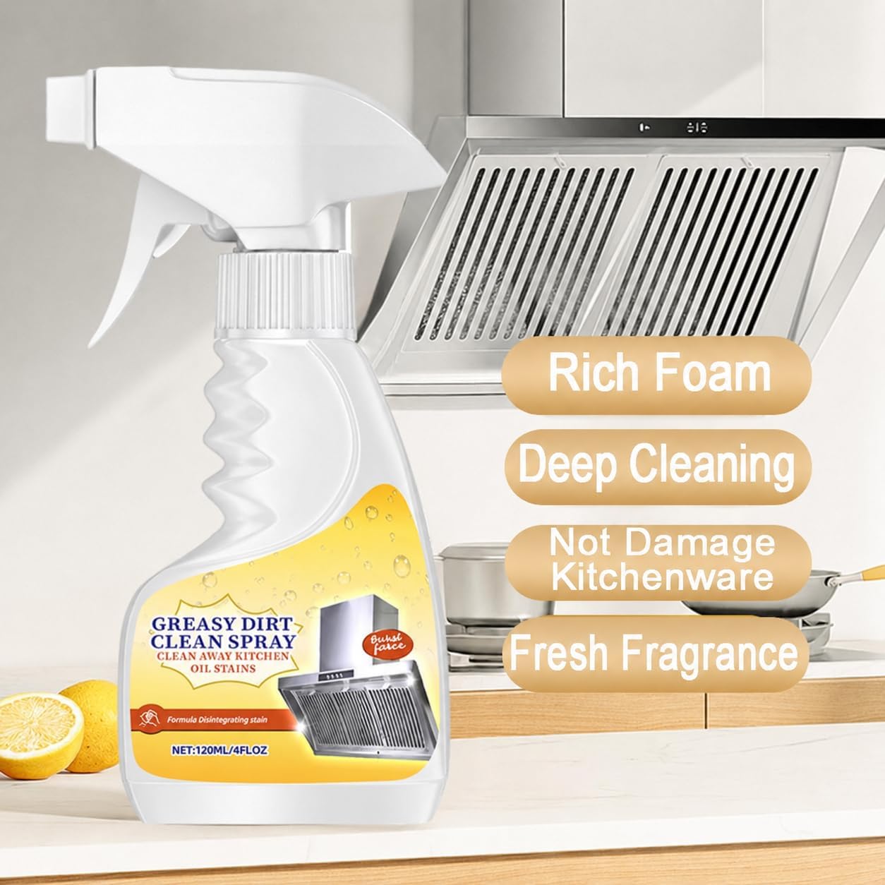 Kitchen Degreaser Spray, Heavy Duty Grease Cleaner for Stove, Oven, Range Hood & Countertops, Multi Surface All Purpose Cleaner for Cabinets, Backsplash & Appliances, Fresh Citrus Scent, 4oz