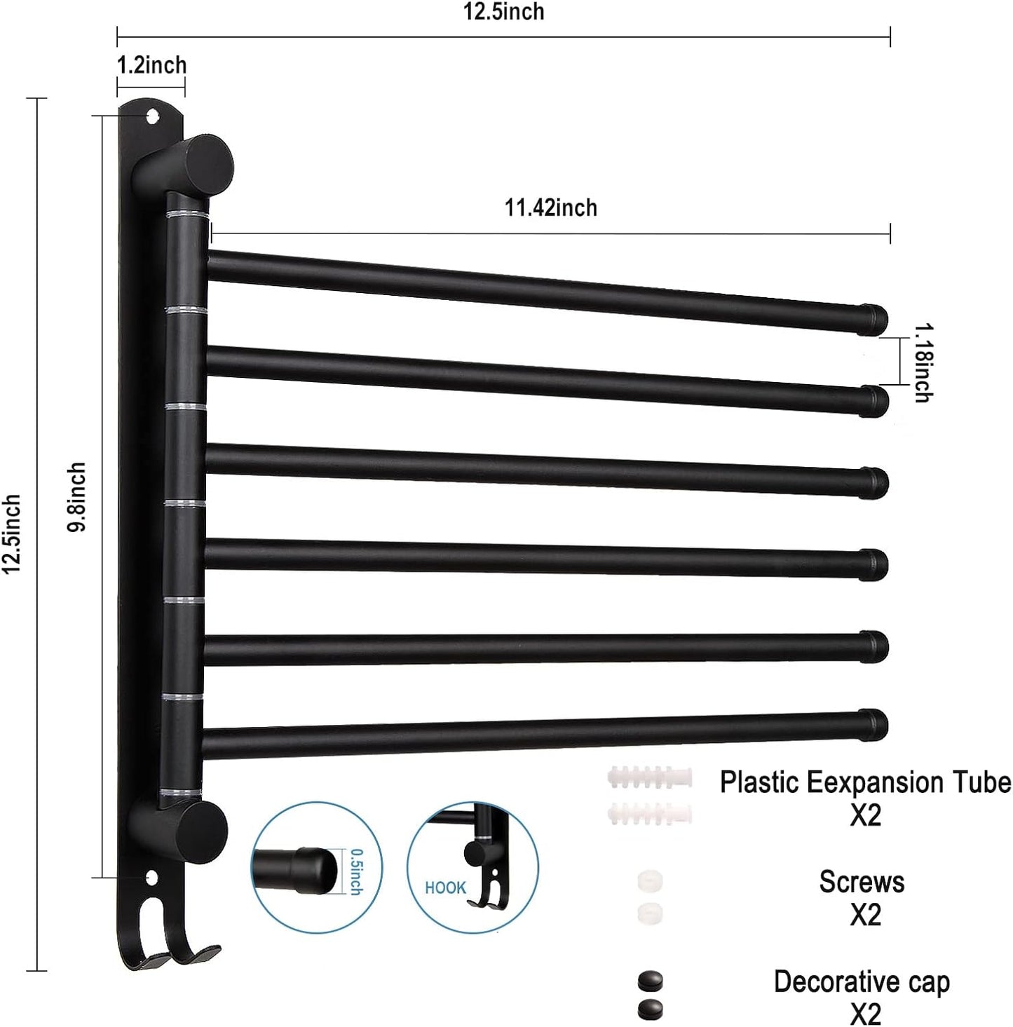 5-Arm Swivel Towel Rack - 180° Rotating Wall Mounted, 304 Stainless Steel Rustproof, Heavy Duty Bathroom Accessories, Space Saving Towel Organizer for Bathroom Kitchen Laundry - Pearl White