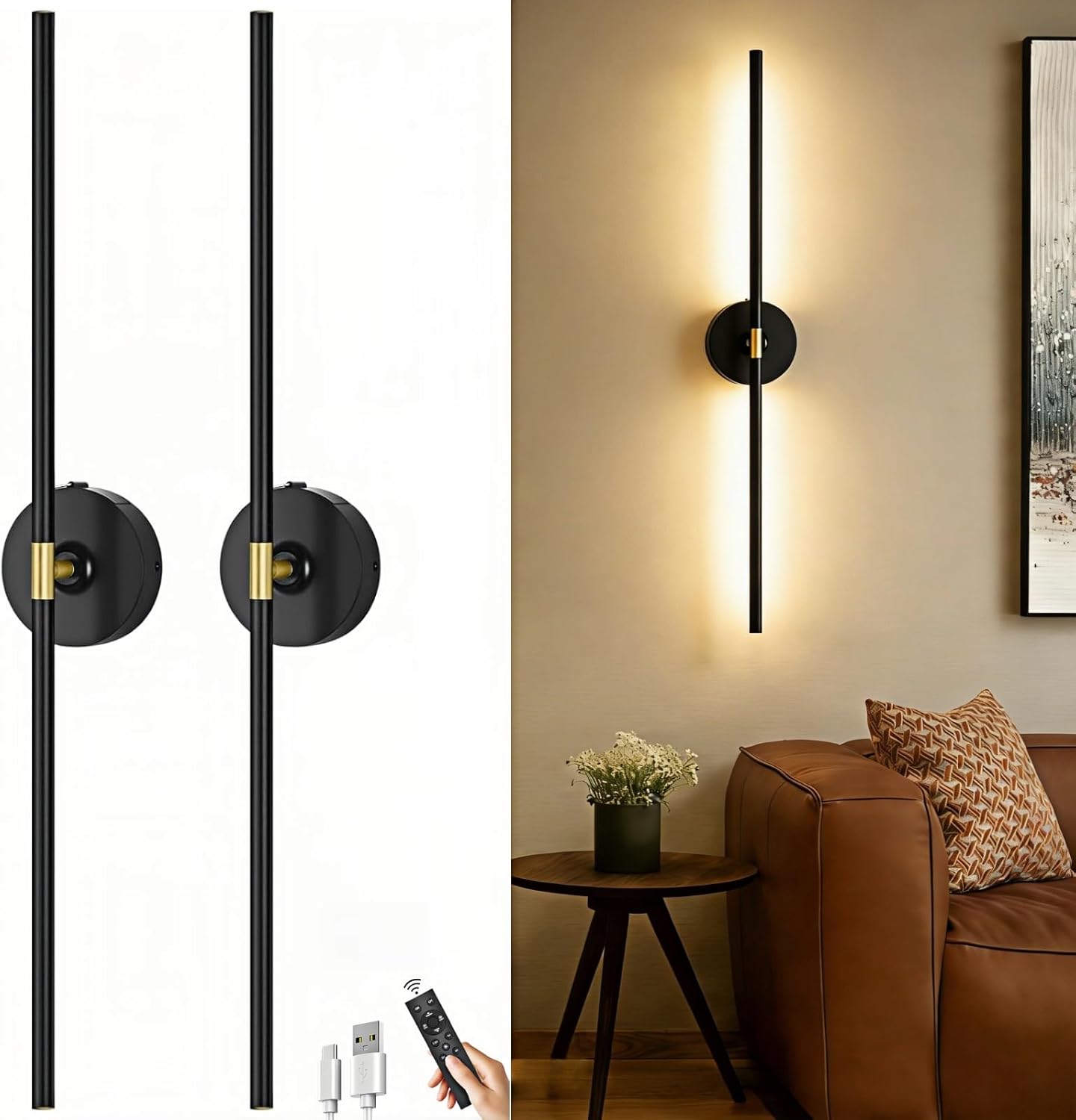 Battery Operated Wall Sconce Set of Two: Gold Wireless Rechargeable Wall Light with 10000mAh Detachable Battery and Remote, 360° Rotatable Scone Wall Decor for Bedroom Hallway Bathroom, 31.5inch