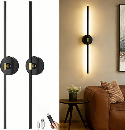 Battery Operated Wall Sconce Set of Two: Gold Wireless Rechargeable Wall Light with 10000mAh Detachable Battery and Remote, 360° Rotatable Scone Wall Decor for Bedroom Hallway Bathroom, 31.5inch