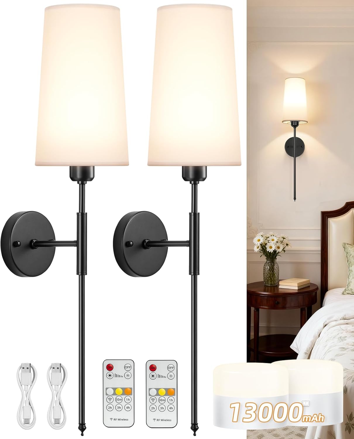 Battery Operated Wall Sconce Set of 2, 13000mAh Rechargeable Battery Powered Sconces with Remote Dimmable Fabric Shade Wireless Sconces Fixture for Bedroom Living Room