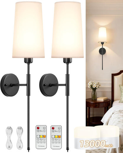 Battery Operated Wall Sconce Set of 2, 13000mAh Rechargeable Battery Powered Sconces with Remote Dimmable Fabric Shade Wireless Sconces Fixture for Bedroom Living Room