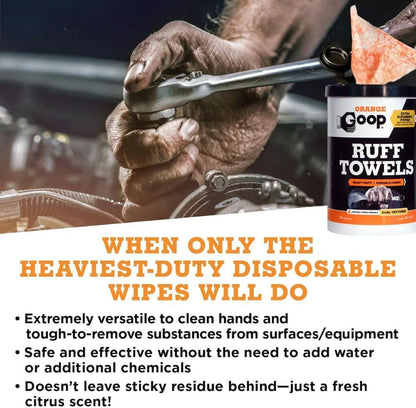GOOP Orange Heavy Duty Ruff Towels with Scrubbing Power, 10” x 12” Dual Textured Multi-Purpose Cleaning Wipes, Removes Dirt, Grease, Oil, 72 Count