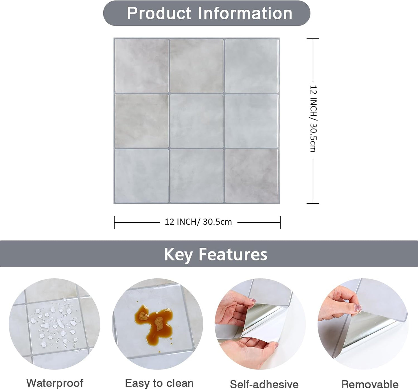 CHIHUT 6 Sheets 12"x12" Glossy Grey Concrete Checkered Peel and Stick Backsplash Tiles Waterproof Heat Resistant Self Adhesive Vinyl Wall Tiles for Kitchen Bathroom Laundry Room Renter Friendly Tiles